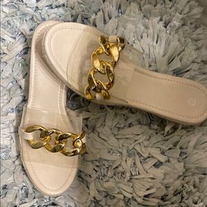 Cream and Gold Chain Sandals with Padded Footbed
